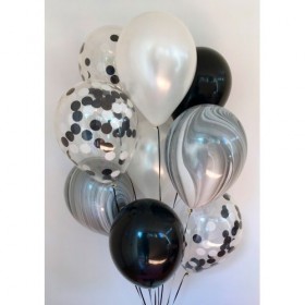 Композиция из воздушных шаров металлик: белый, черный, агат серый, конфетти круглые фото 1
