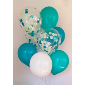 Композиция из воздушных шаров металлик:  белый, небесно-голубой, тиффани, конфетти фото 1