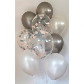 Композиция из воздушных шаров металлик: белый, серебряный, конфетти