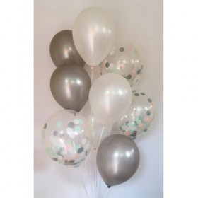 Композиция из воздушных шаров металлик: белый, серебряный, конфетти круглые блю фото 3