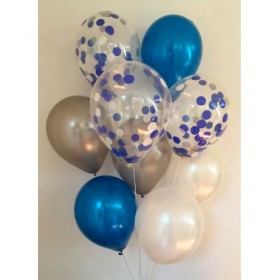 Композиция из воздушных шаров металлик: белый, серебряный, синий, конфетти фото 1