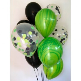 Композиция из воздушных шаров металлик: черный, агат лаймовый, конфетти