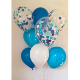Композиция из воздушных шаров металлик: голубой, агат голубой, белый, конфетти фото 1