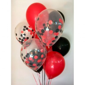 Композиция из воздушных шаров металлик: красный, черный, конфетти круглые фото 1