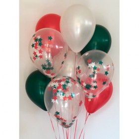 Композиція з повітряних куль металік: червоний, зелений, білий, конфетті