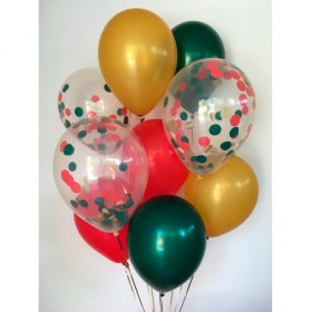 Композиция из воздушных шаров металлик: красный, зеленый, золото, конфетти фото 1
