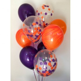Композиція з повітряних куль металік: пурпурний, агат помаранчевий, конфетті