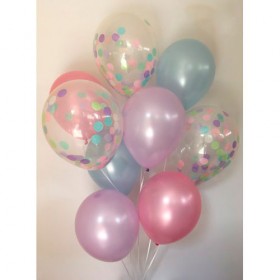 Композиция из воздушных шаров перламутр: розовый, сирень, аква, конфетти 
