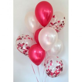 Композиция из воздушных шаров перламутр: фуксия, белый, конфетти сердца фото 1