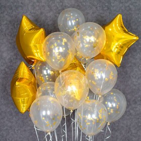 Композиция из воздушных шаров: золотые звезды фольга, конфетти фото 1