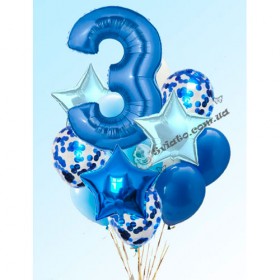 Куля-цифра "3" у композиції з кулями з конфетті та зірками